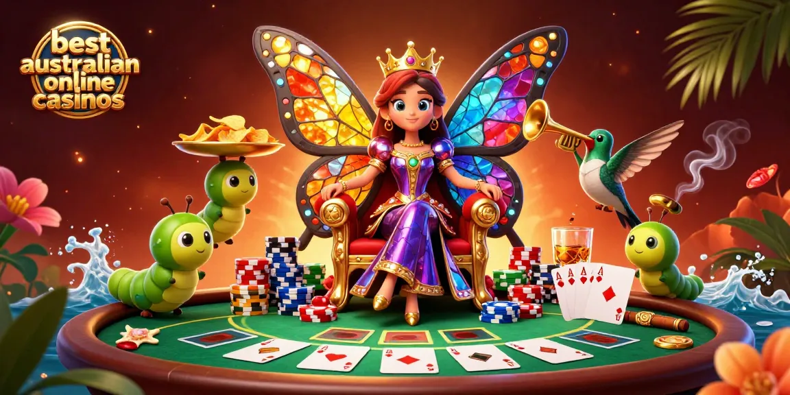 Discover the best Australian online casinos with vibrant 3D scene featuring poker elements and animated characters.