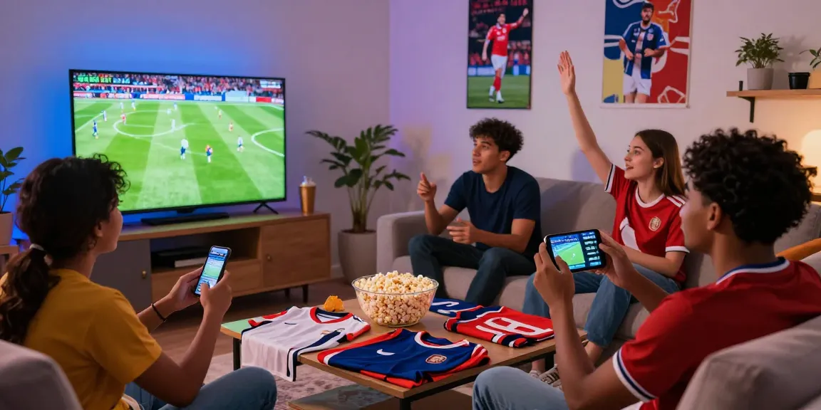 Exciting كورة لايف football match viewing scene with friends, snacks, and team jerseys, showcasing sports enthusiasm.